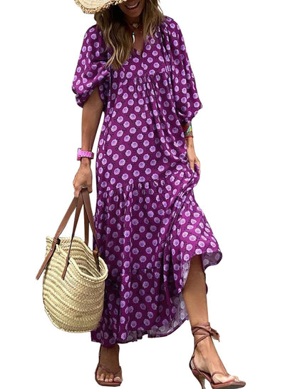 ÉLODIE – Robe longue bohème à manches bouffantes à motif géométrique - Bibi Chérie