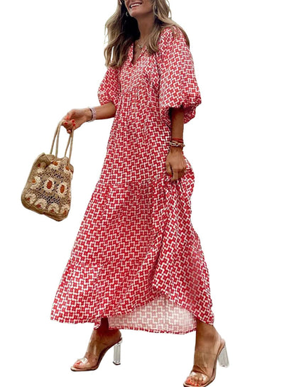 ÉLODIE – Robe longue bohème à manches bouffantes à motif géométrique - Bibi Chérie
