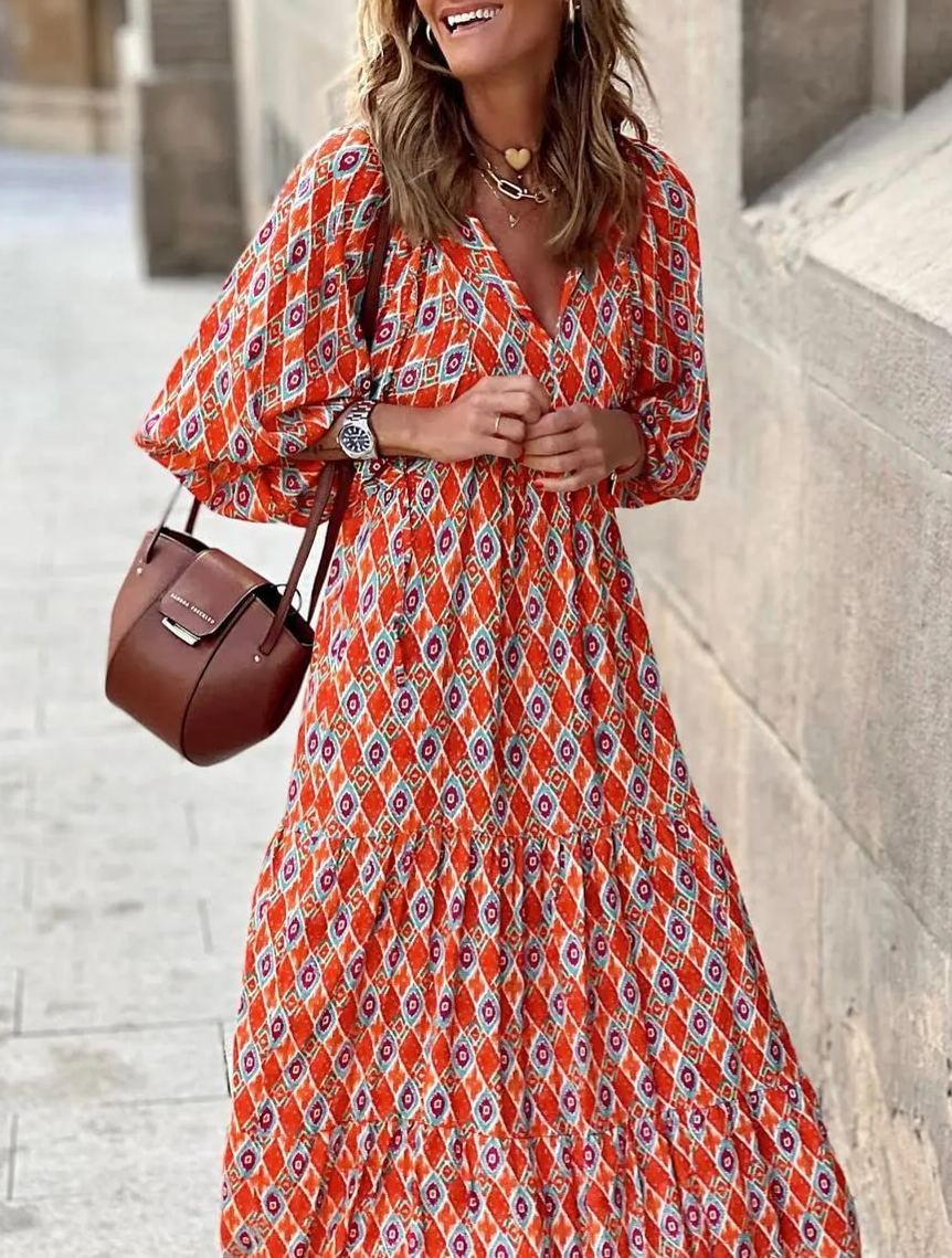 ÉLODIE – Robe longue bohème à manches bouffantes à motif géométrique - Bibi Chérie
