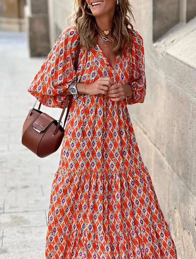 ÉLODIE – Robe longue bohème à manches bouffantes à motif géométrique - Bibi Chérie