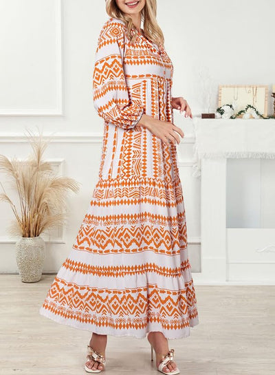 ÉLODIE – Robe longue bohème à manches bouffantes à motif géométrique - Bibi Chérie