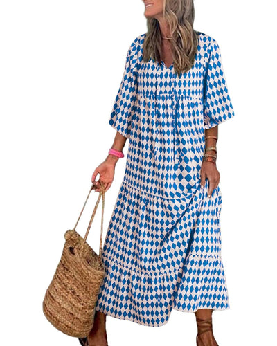 ÉLODIE – Robe longue bohème à manches bouffantes à motif géométrique - Bibi Chérie
