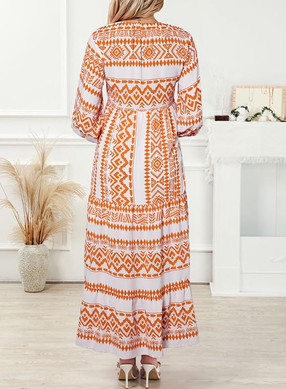 ÉLODIE – Robe longue bohème à manches bouffantes à motif géométrique - Bibi Chérie