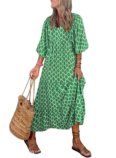 ÉLODIE – Robe longue bohème à manches bouffantes à motif géométrique - Bibi Chérie