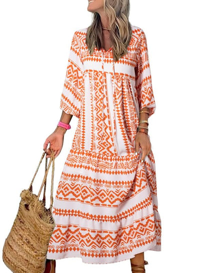 ÉLODIE – Robe longue bohème à manches bouffantes à motif géométrique - Bibi Chérie