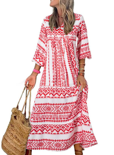 ÉLODIE – Robe longue bohème à manches bouffantes à motif géométrique - Bibi Chérie
