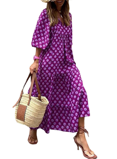 ÉLODIE – Robe longue bohème à manches bouffantes à motif géométrique - Bibi Chérie