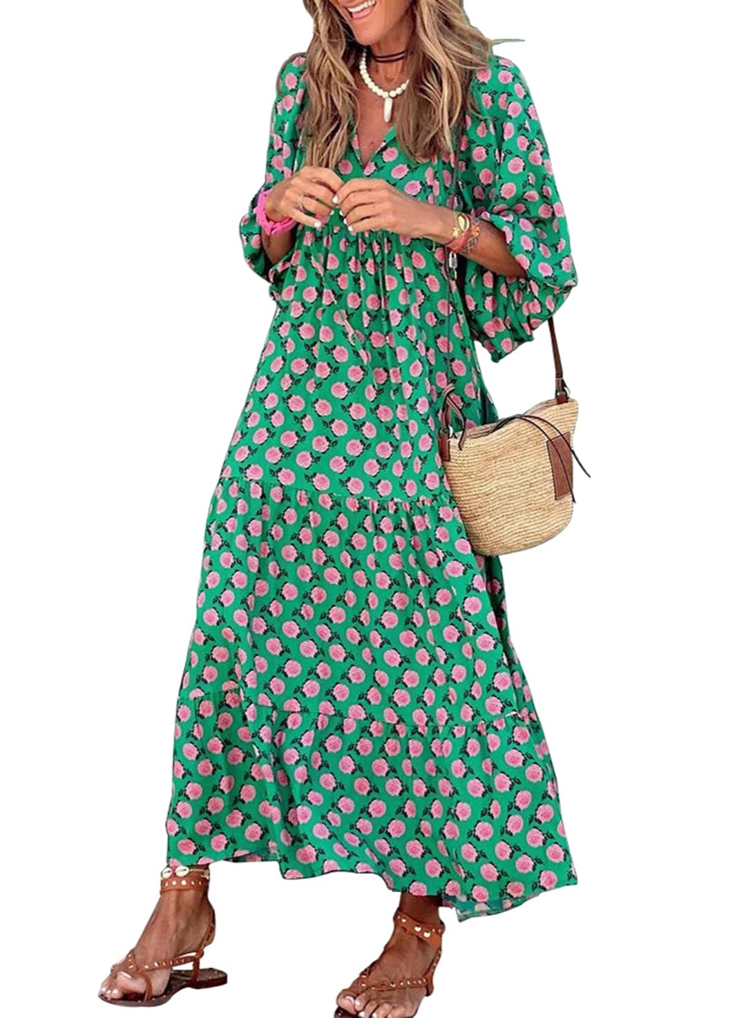 ÉLODIE – Robe longue bohème à manches bouffantes à motif géométrique - Bibi Chérie