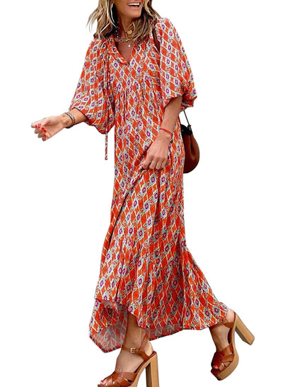 ÉLODIE – Robe longue bohème à manches bouffantes à motif géométrique - Bibi Chérie
