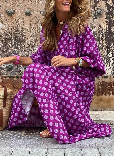 ÉLODIE – Robe longue bohème à manches bouffantes à motif géométrique - Bibi Chérie