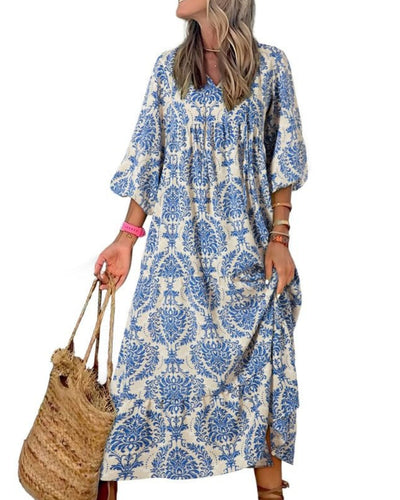 ÉLODIE – Robe longue bohème à manches bouffantes à motif géométrique - Bibi Chérie