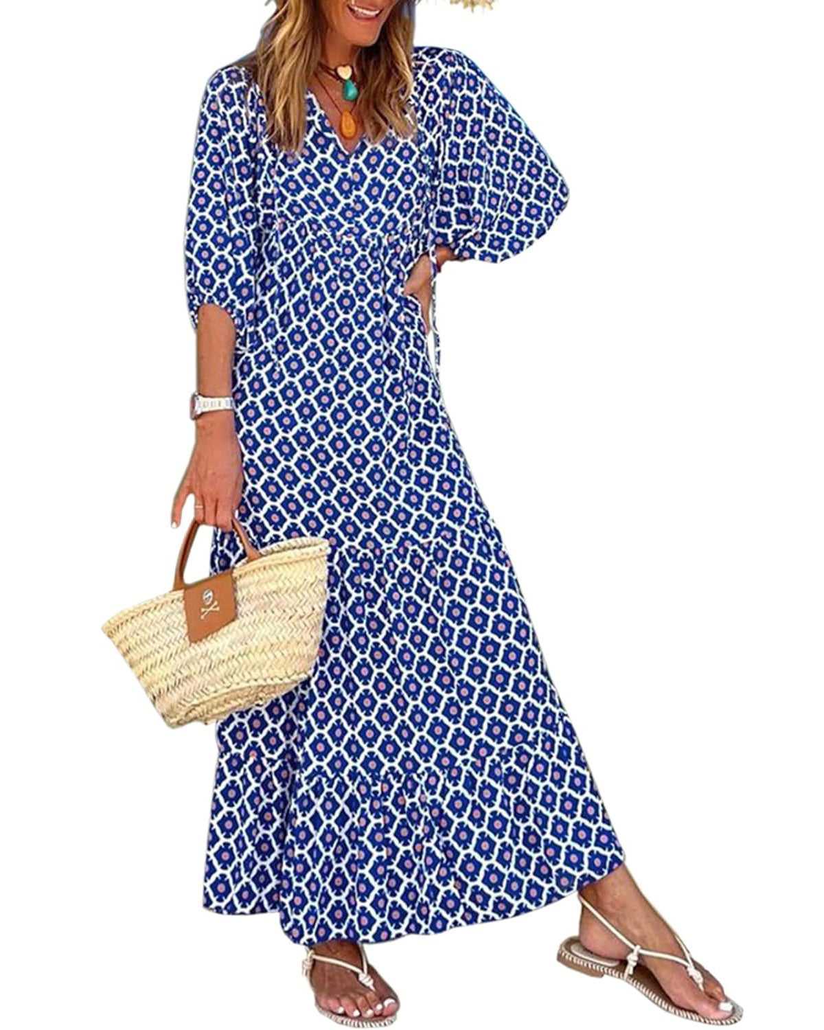 ÉLODIE – Robe longue bohème à manches bouffantes à motif géométrique - Bibi Chérie